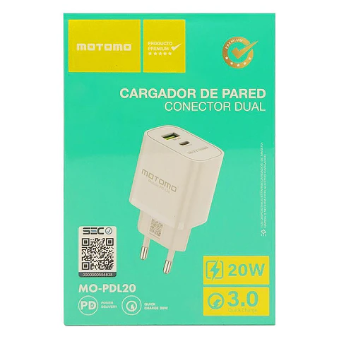 Adaptador de Carga Rápida Dual Tipo C + USB PD20W Certificado Motomo
