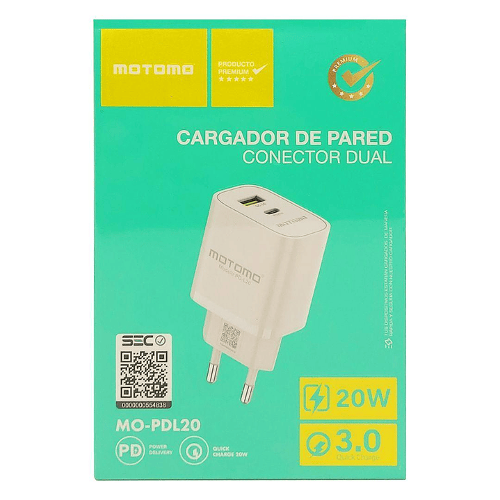 Adaptador de Carga Rápida Dual Tipo C + USB PD20W Certificado Motomo 2