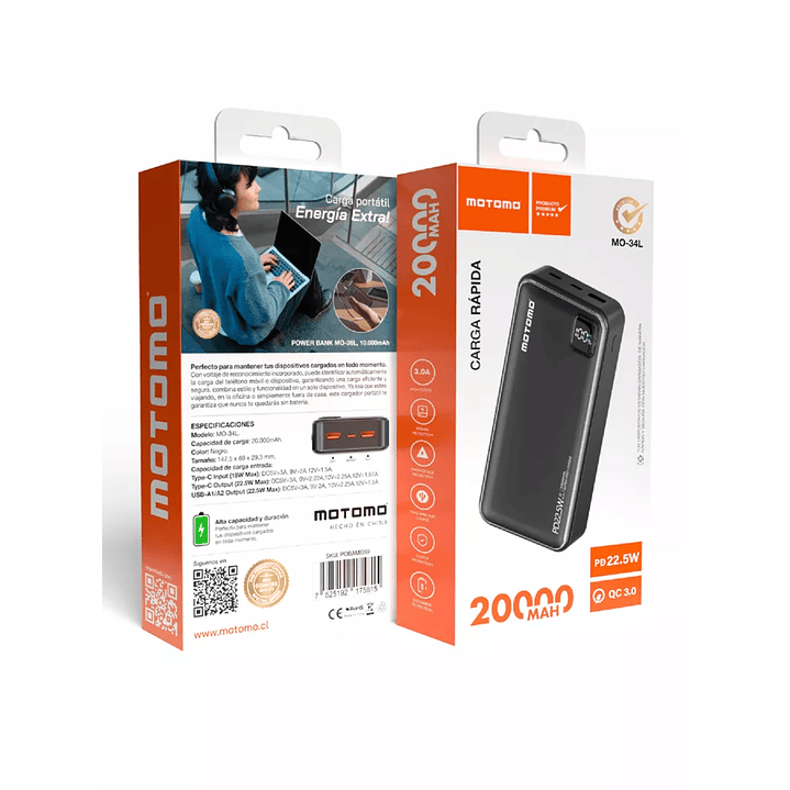 PowerBank 20.000mAh Carga Rápida PD22.5W MO-34L 2