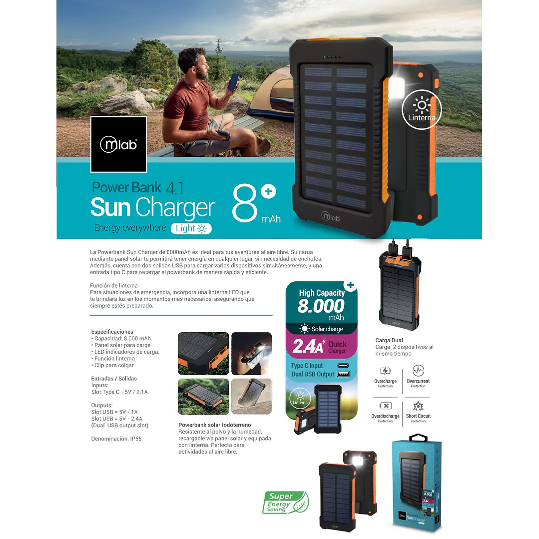 PowerBank Solar 8.000mAh con Linterna Mlab 5