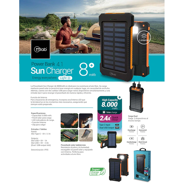 PowerBank Solar 8.000mAh con Linterna Mlab 5