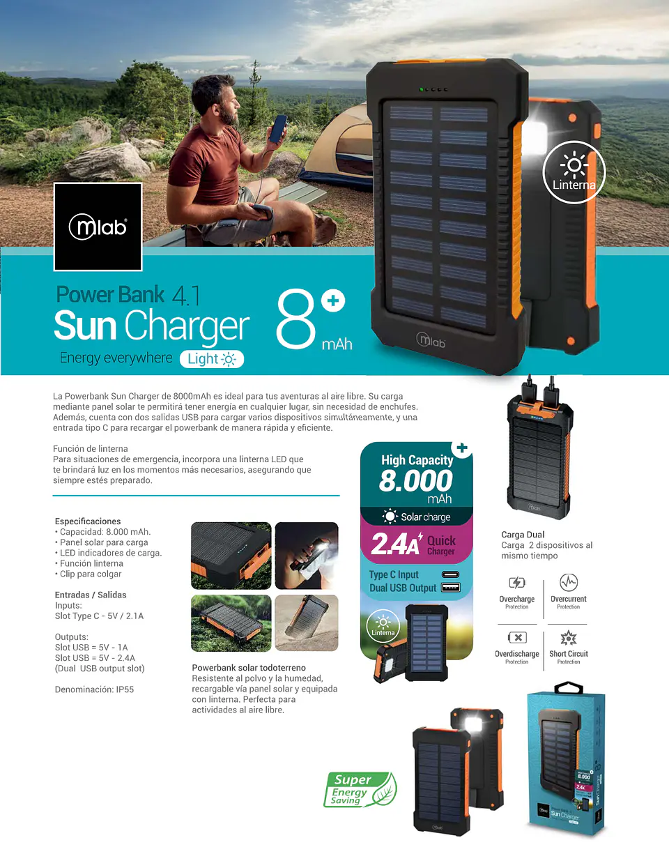 PowerBank Solar 8.000mAh con Linterna Mlab 5