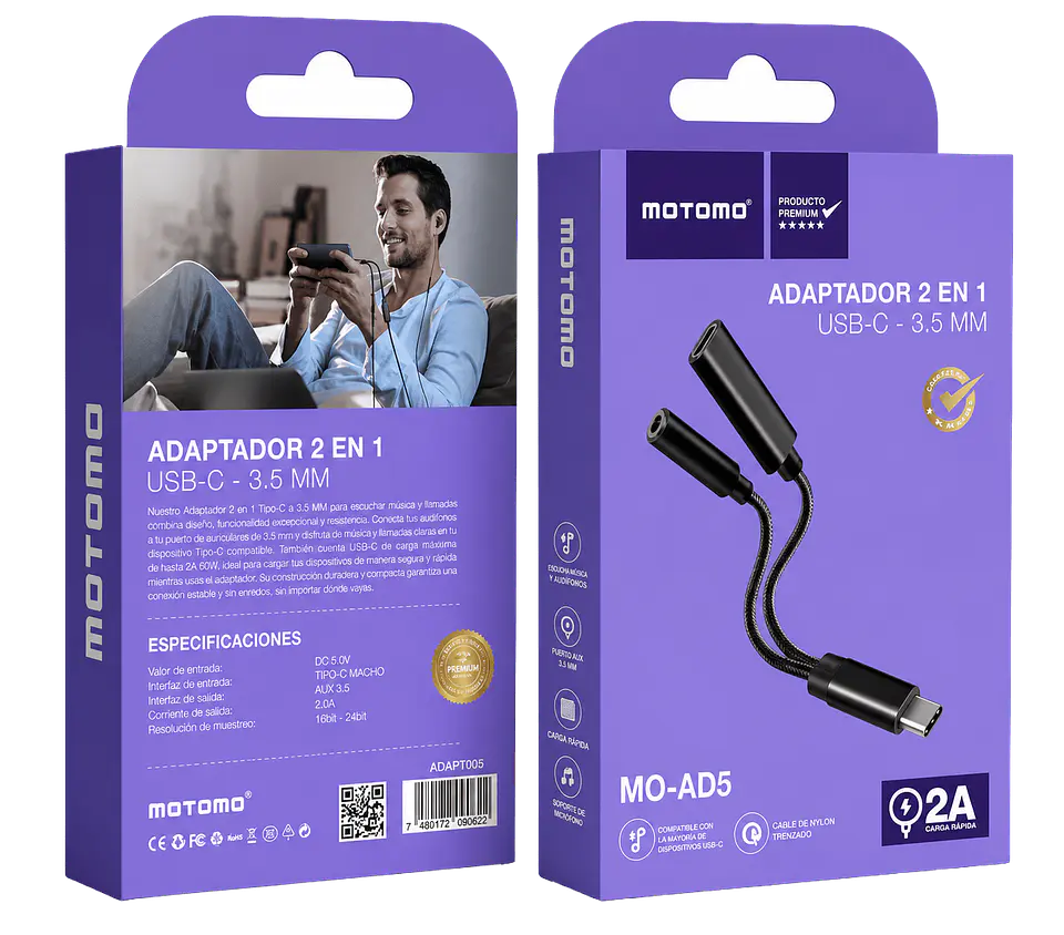 Adaptador 2 en 1 Tipo C Audio y Carga Motomo 4