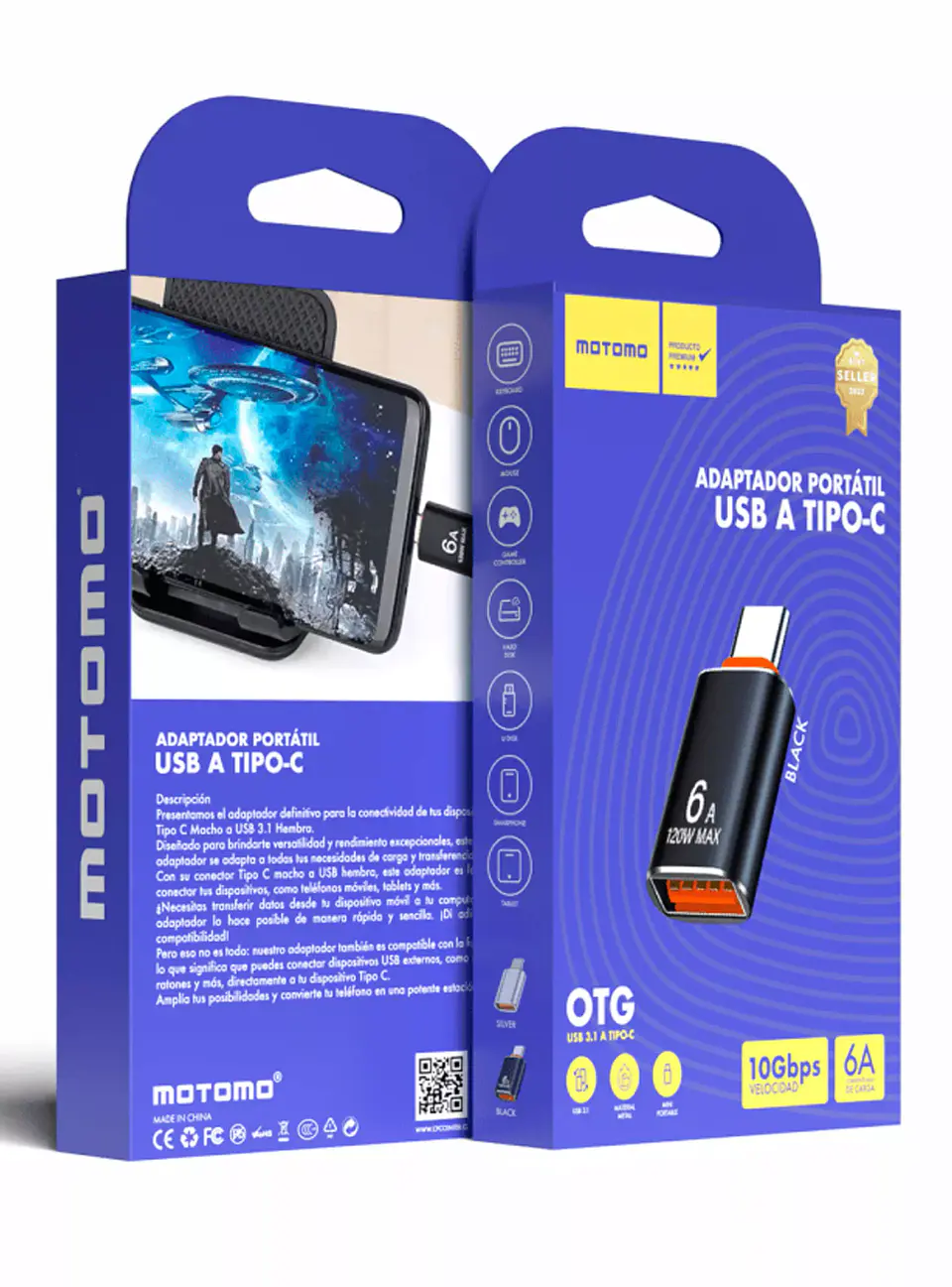 Adaptador OTG USB a Tipo C 6A 10Gbps Motomo 3