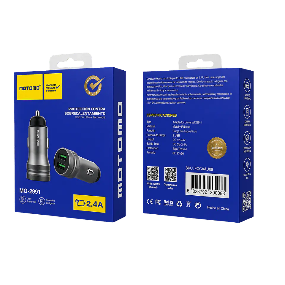 Cargador Doble USB 3.1A para Vehículo 12-24V Motomo 5