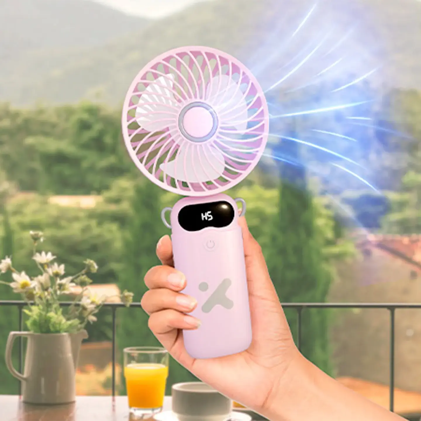 Ventilador de Mano Portátil Recargable con Base Incluida Rosado  2