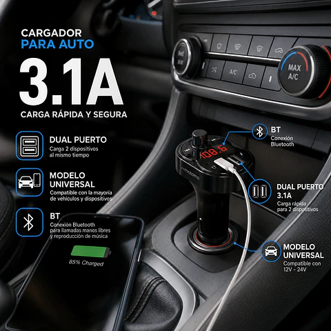 Transmisor FM/Cargador 12V USB 3.1A BT MO-02