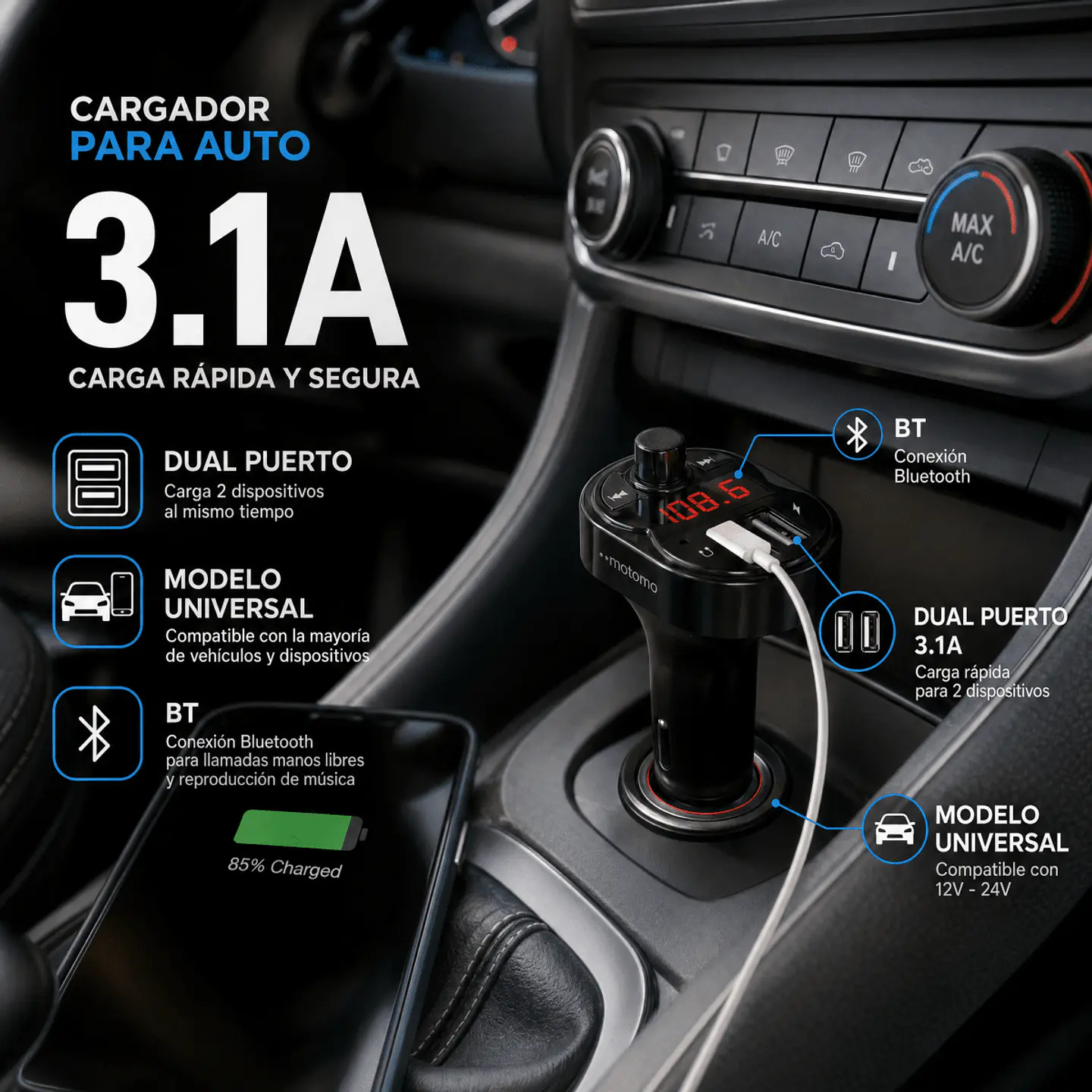 Transmisor FM/Cargador 12V USB 3.1A BT MO-02 2