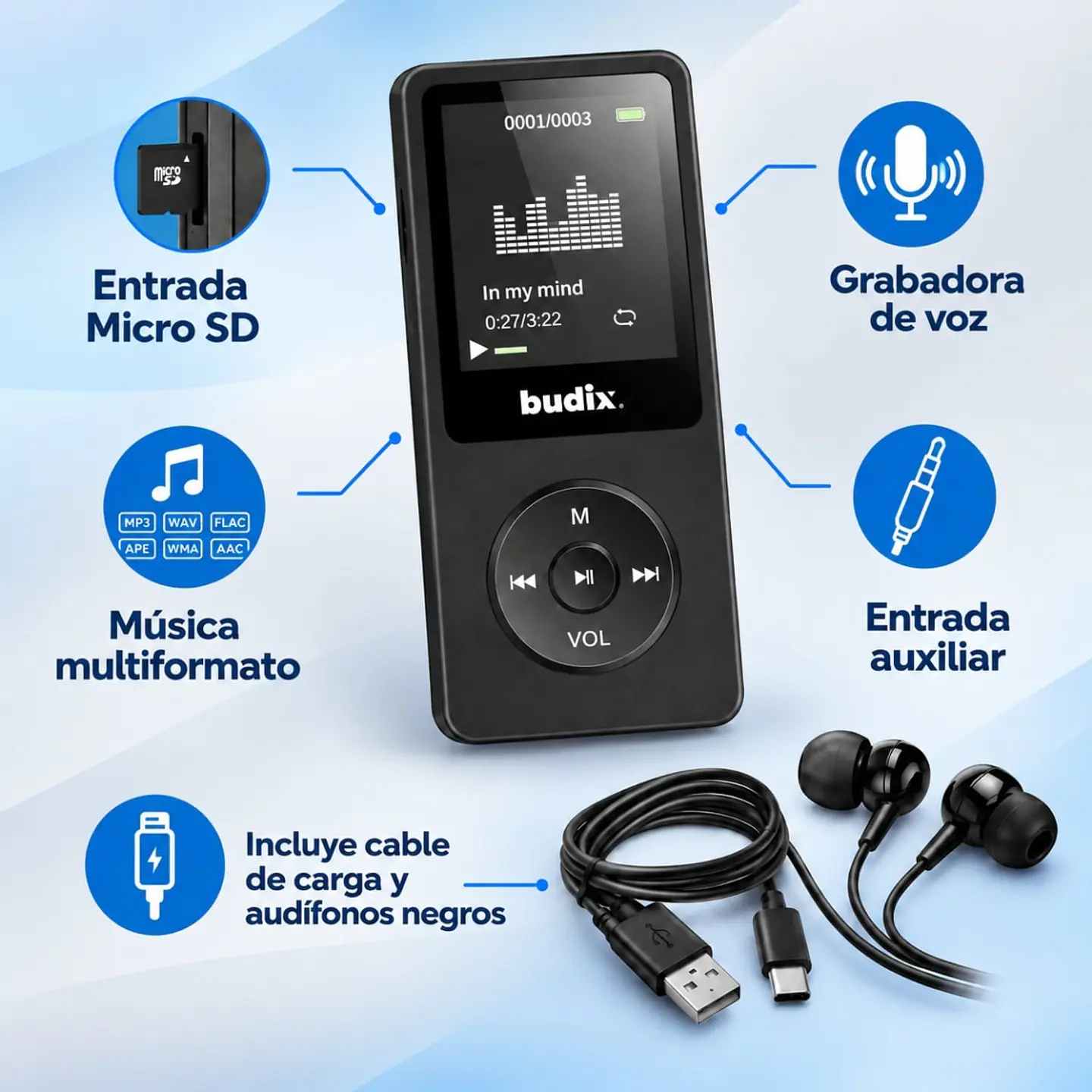 Reproductor MP3 Recargable con Radio FM y Grabadora de Voz 6