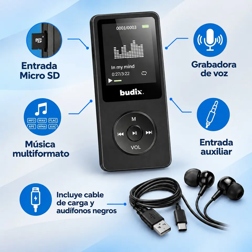 Reproductor MP3 Recargable con Radio FM y Grabadora de Voz 6