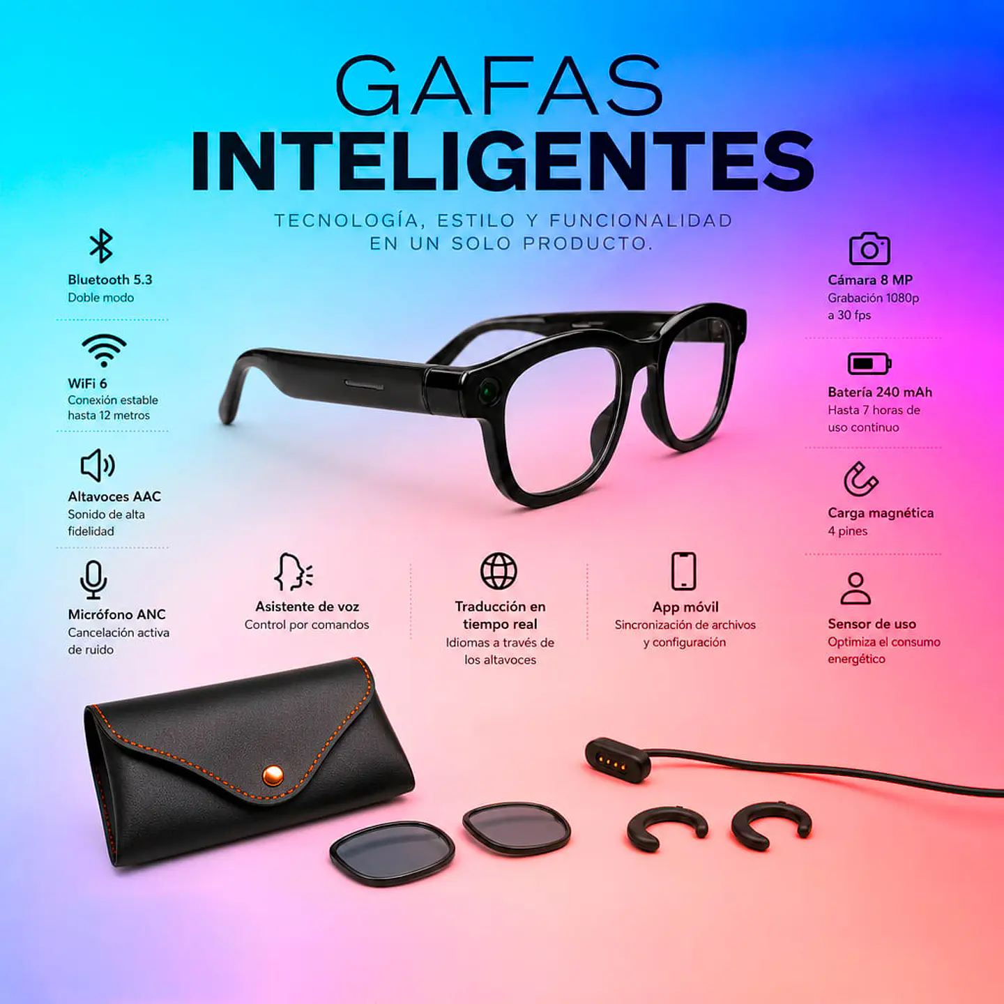 Lentes Inteligentes con Cámara Micrófono Wifi y Bluetooth  5