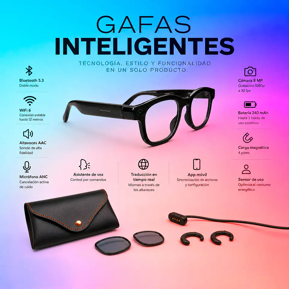 Lentes Inteligentes con Cámara Micrófono Wifi y Bluetooth  5