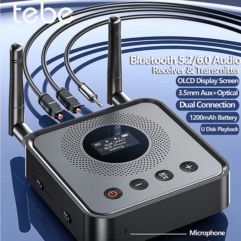 Receptor y transmisor de audio Bluetooth 6.0/5.2 Tebe OLCD con AAC, aptX-LL/AD/HD, entrada auxiliar de 3,5 mm y óptica; reproductor estéreo inalámbrico y  memoria USB 