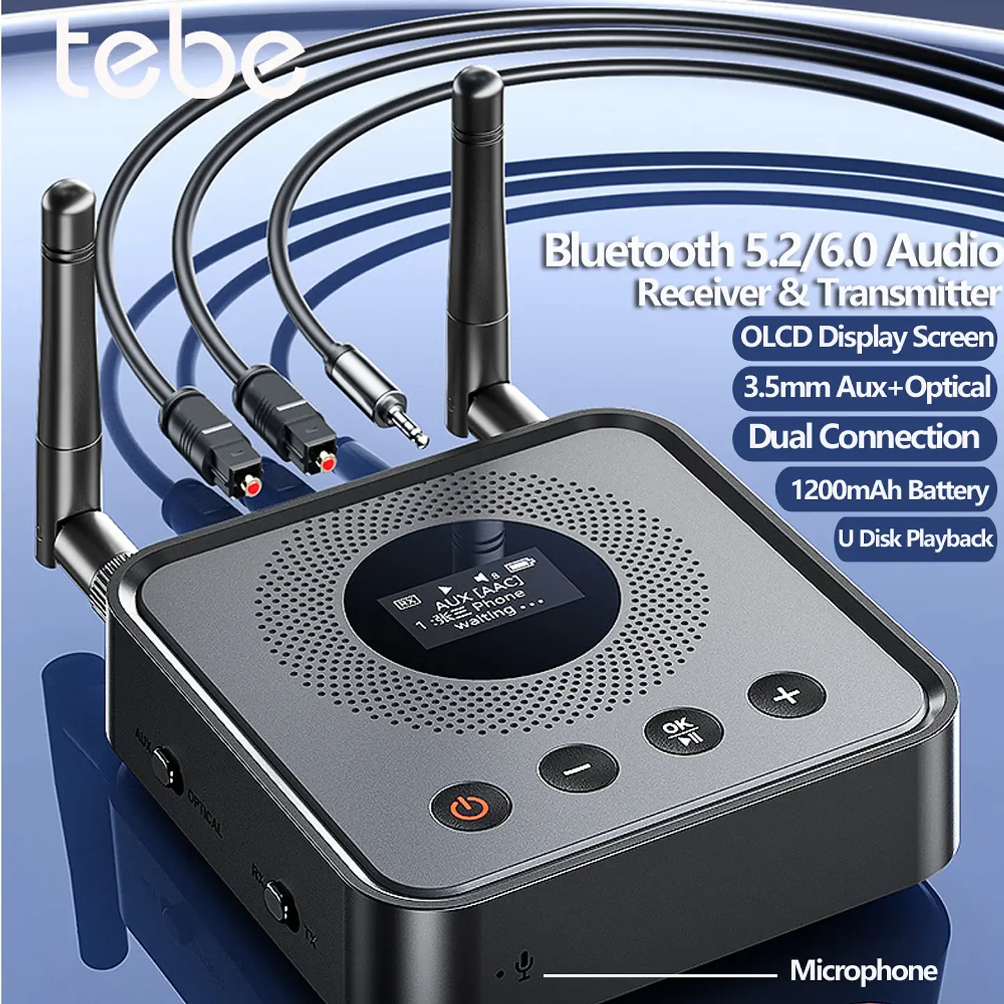 Receptor y transmisor de audio Bluetooth 6.0/5.2 Tebe OLCD con AAC, aptX-LL/AD/HD, entrada auxiliar de 3,5 mm y óptica; reproductor estéreo inalámbrico y  memoria USB  1