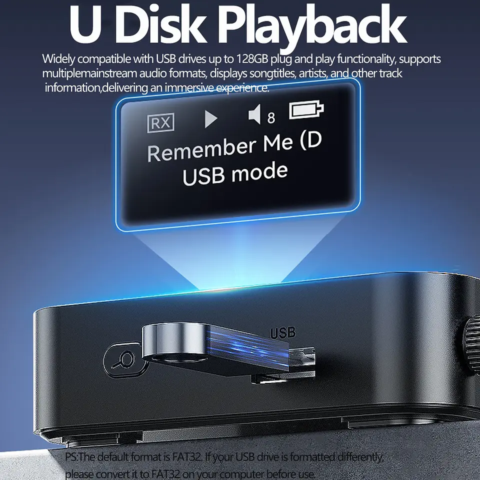 Receptor y transmisor de audio Bluetooth 6.0/5.2 Tebe OLCD con AAC, aptX-LL/AD/HD, entrada auxiliar de 3,5 mm y óptica; reproductor estéreo inalámbrico y  memoria USB  2