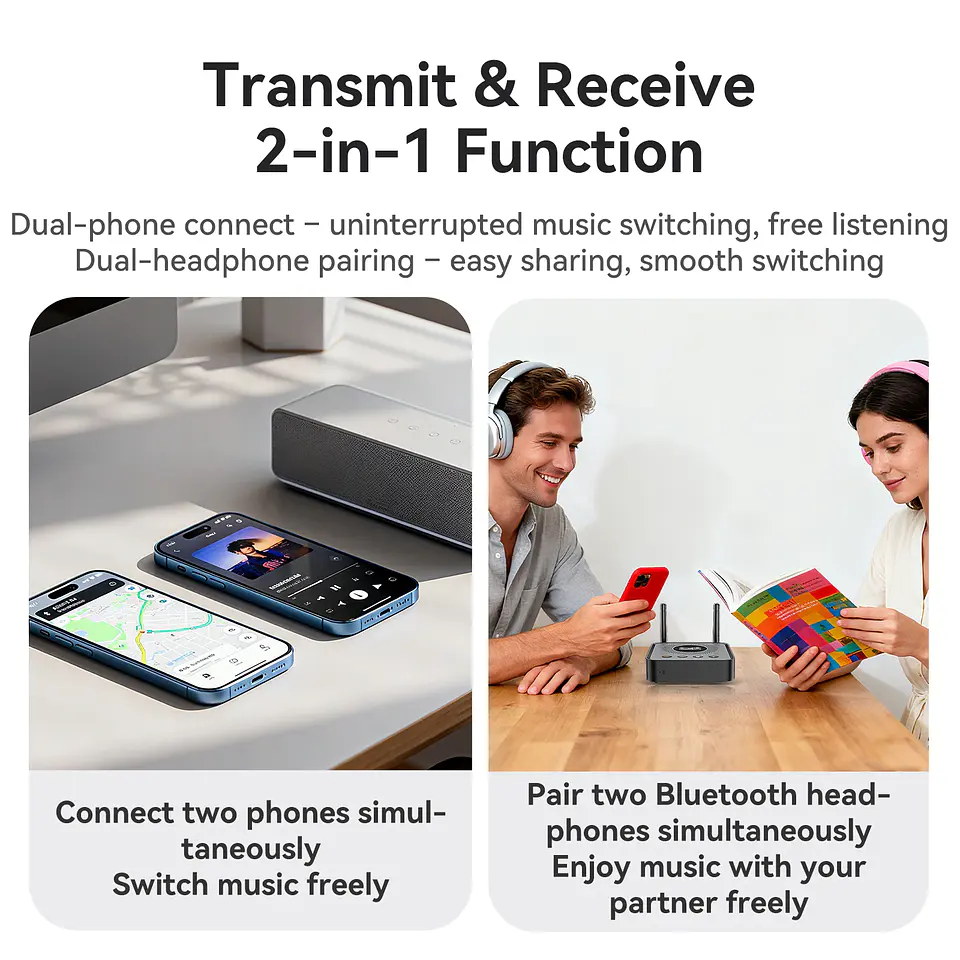 Receptor y transmisor de audio Bluetooth 6.0/5.2 Tebe OLCD con AAC, aptX-LL/AD/HD, entrada auxiliar de 3,5 mm y óptica; reproductor estéreo inalámbrico y  memoria USB  4