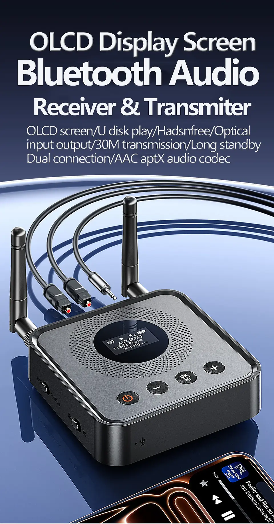 Receptor y transmisor de audio Bluetooth 6.0/5.2 Tebe OLCD con AAC, aptX-LL/AD/HD, entrada auxiliar de 3,5 mm y óptica; reproductor estéreo inalámbrico y  memoria USB  8