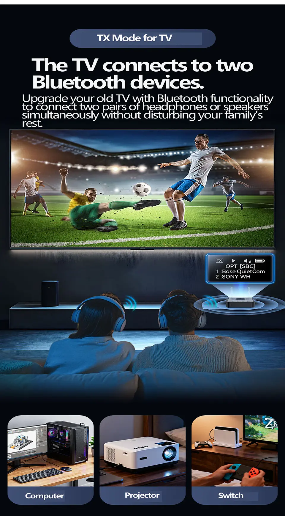 Receptor y transmisor de audio Bluetooth 6.0/5.2 Tebe OLCD con AAC, aptX-LL/AD/HD, entrada auxiliar de 3,5 mm y óptica; reproductor estéreo inalámbrico y  memoria USB  15