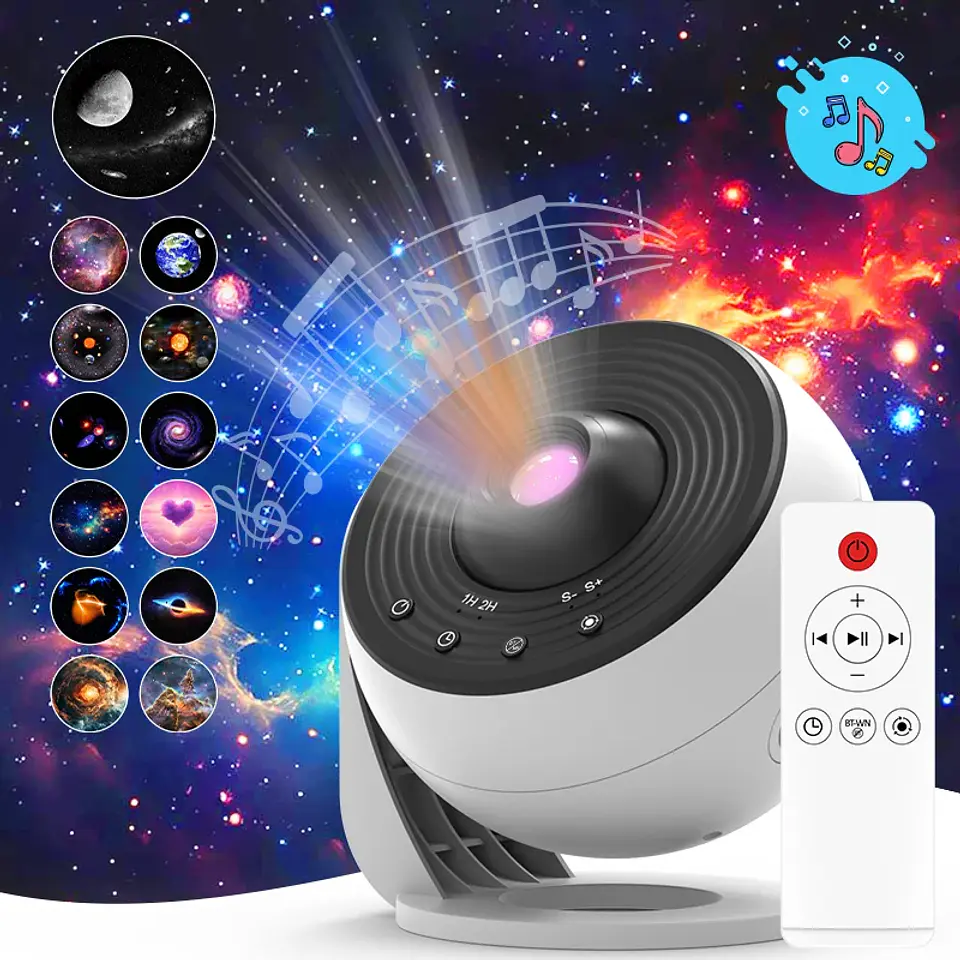 Proyector de estrellas y galaxias (luz nocturna) con discos de imagen HD, proyector planetario mejorado, control remoto y función Bluetooth para la habitación. 1