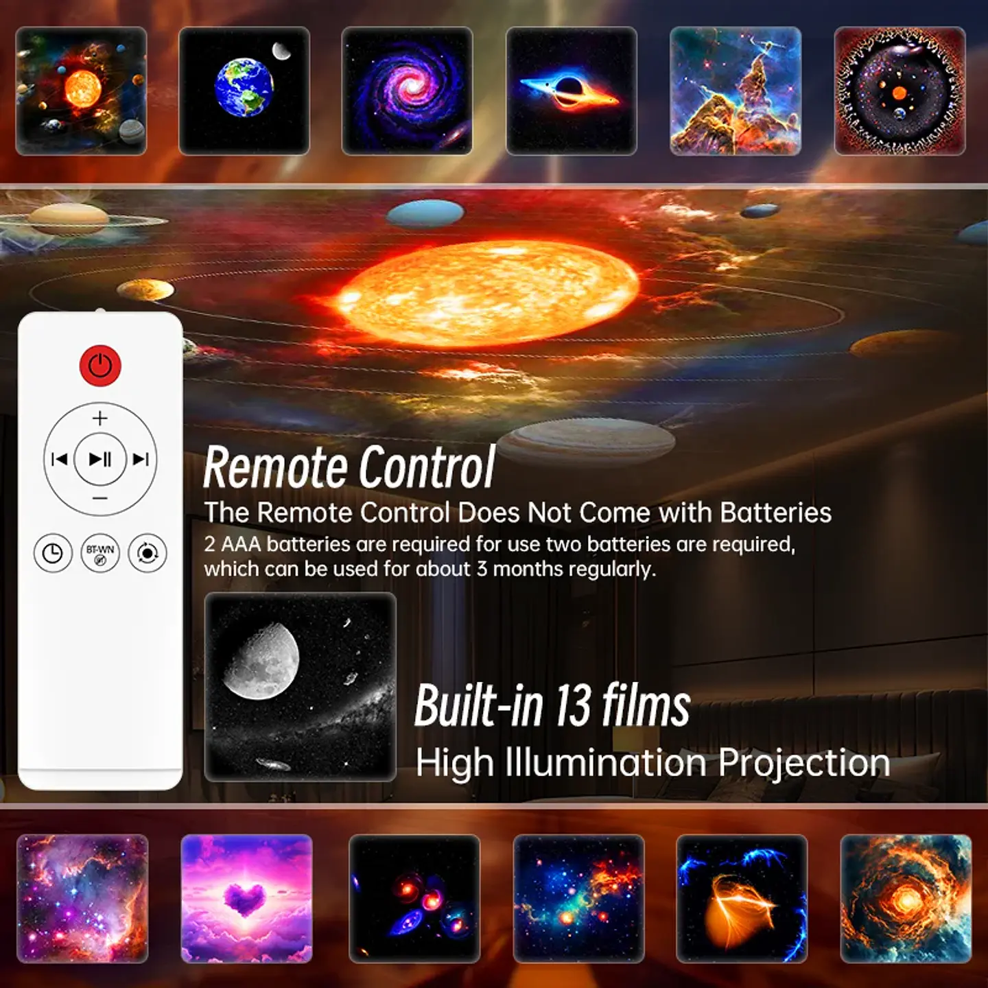 Proyector de estrellas y galaxias (luz nocturna) con discos de imagen HD, proyector planetario mejorado, control remoto y función Bluetooth para la habitación. 3