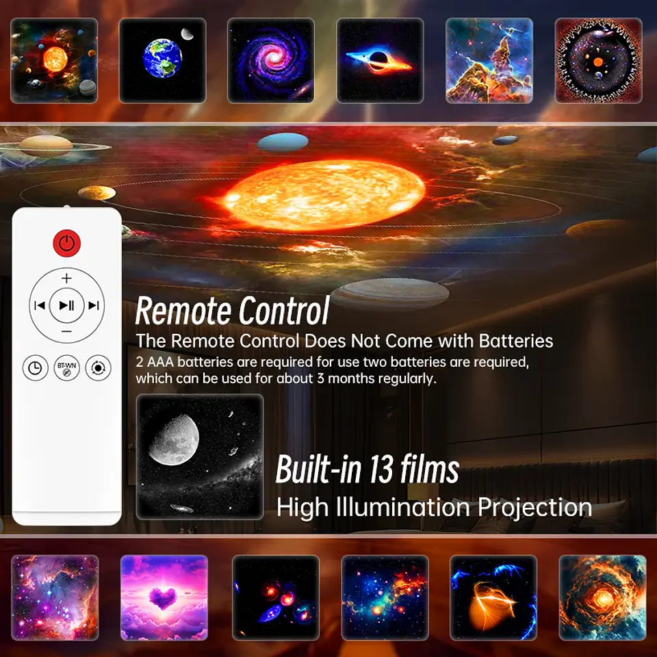 Proyector de estrellas y galaxias (luz nocturna) con discos de imagen HD, proyector planetario mejorado, control remoto y función Bluetooth para la habitación. 3