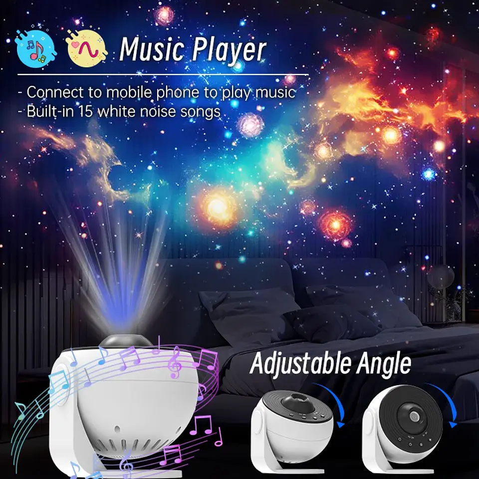 Proyector de estrellas y galaxias (luz nocturna) con discos de imagen HD, proyector planetario mejorado, control remoto y función Bluetooth para la habitación. 4