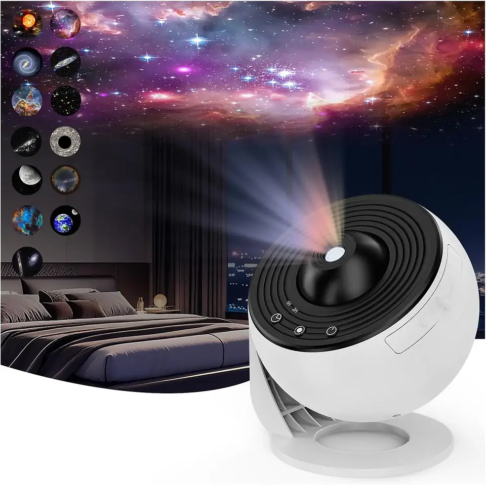 Proyector de estrellas y galaxias (luz nocturna) con discos de imagen HD, proyector planetario mejorado, control remoto y función Bluetooth para la habitación. 8