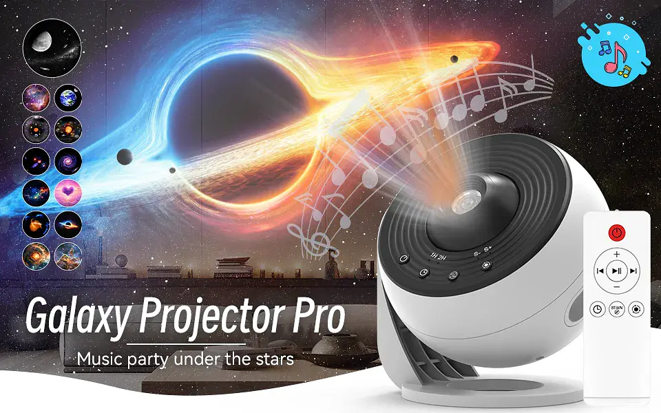Proyector de estrellas y galaxias (luz nocturna) con discos de imagen HD, proyector planetario mejorado, control remoto y función Bluetooth para la habitación. 9