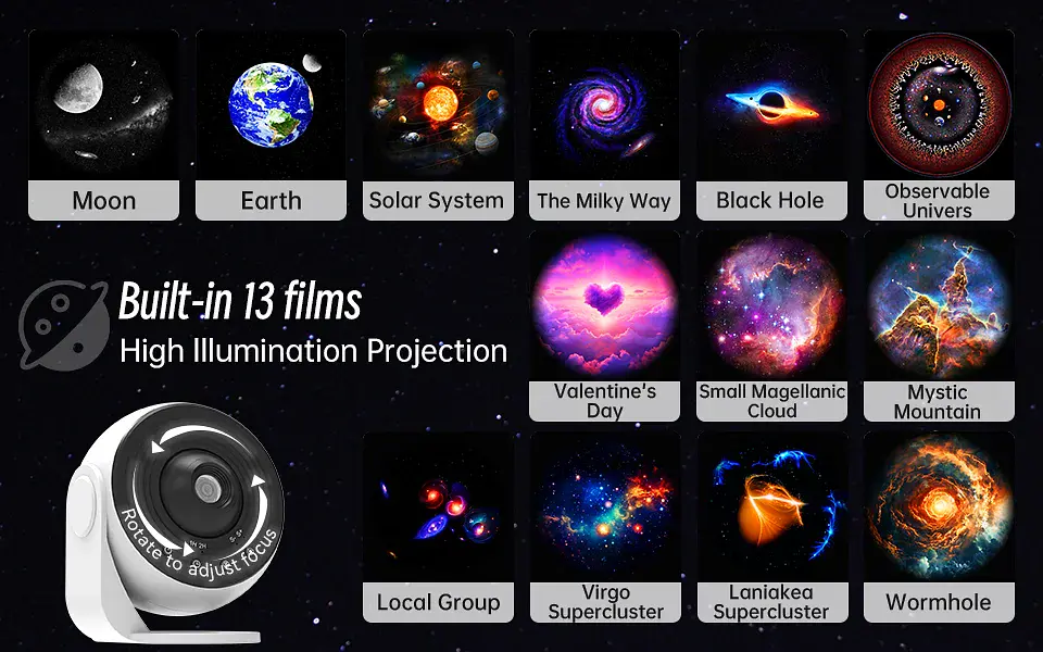 Proyector de estrellas y galaxias (luz nocturna) con discos de imagen HD, proyector planetario mejorado, control remoto y función Bluetooth para la habitación. 10