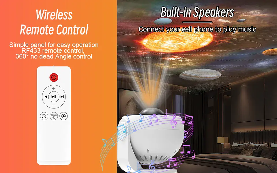 Proyector de estrellas y galaxias (luz nocturna) con discos de imagen HD, proyector planetario mejorado, control remoto y función Bluetooth para la habitación. 12