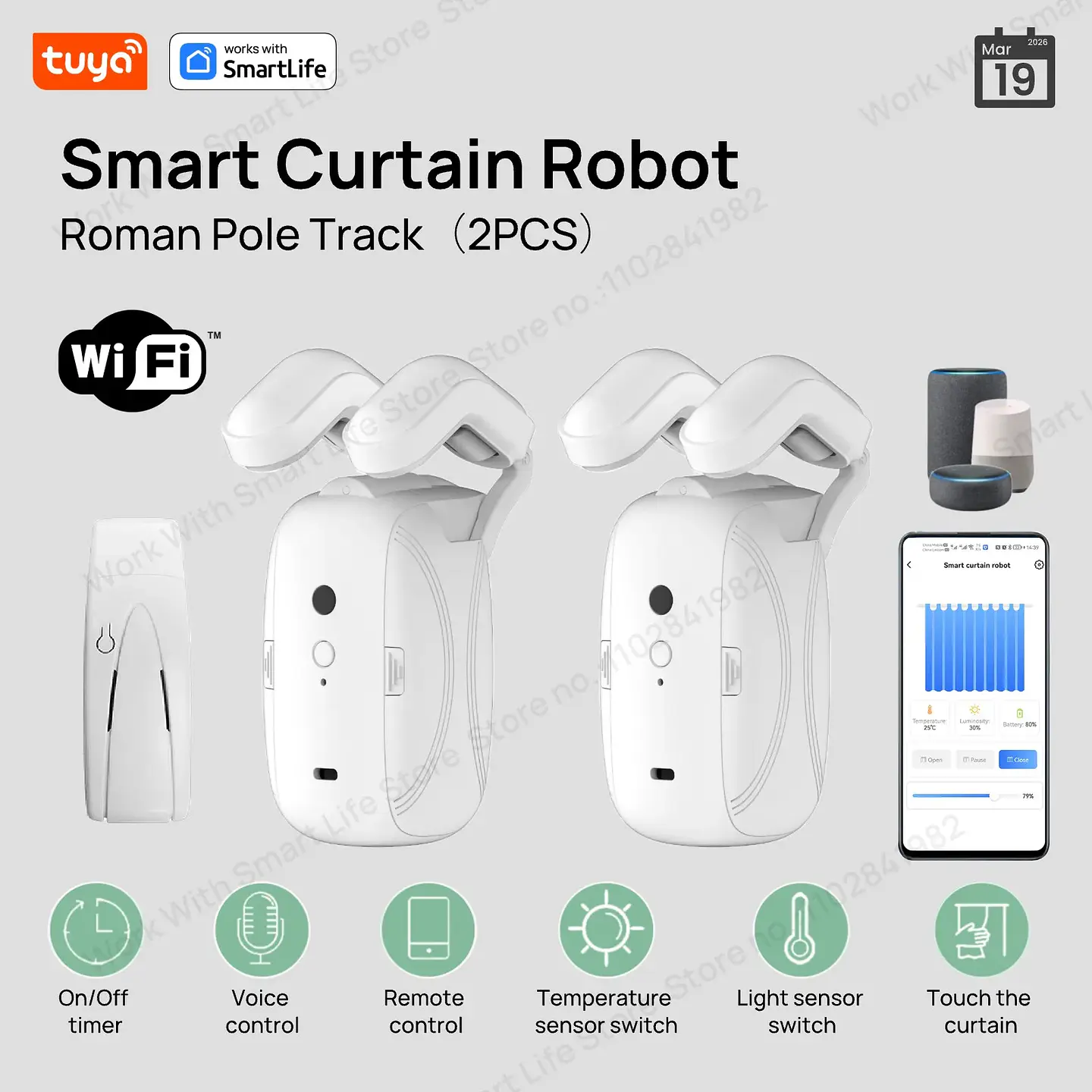 Robot de cortina Wifi inteligente Tuya (con puerta de enlace), pista de varilla romana, Control de aplicación remota, Control de voz, apertura única/doble, 1o 2 Uds. 1