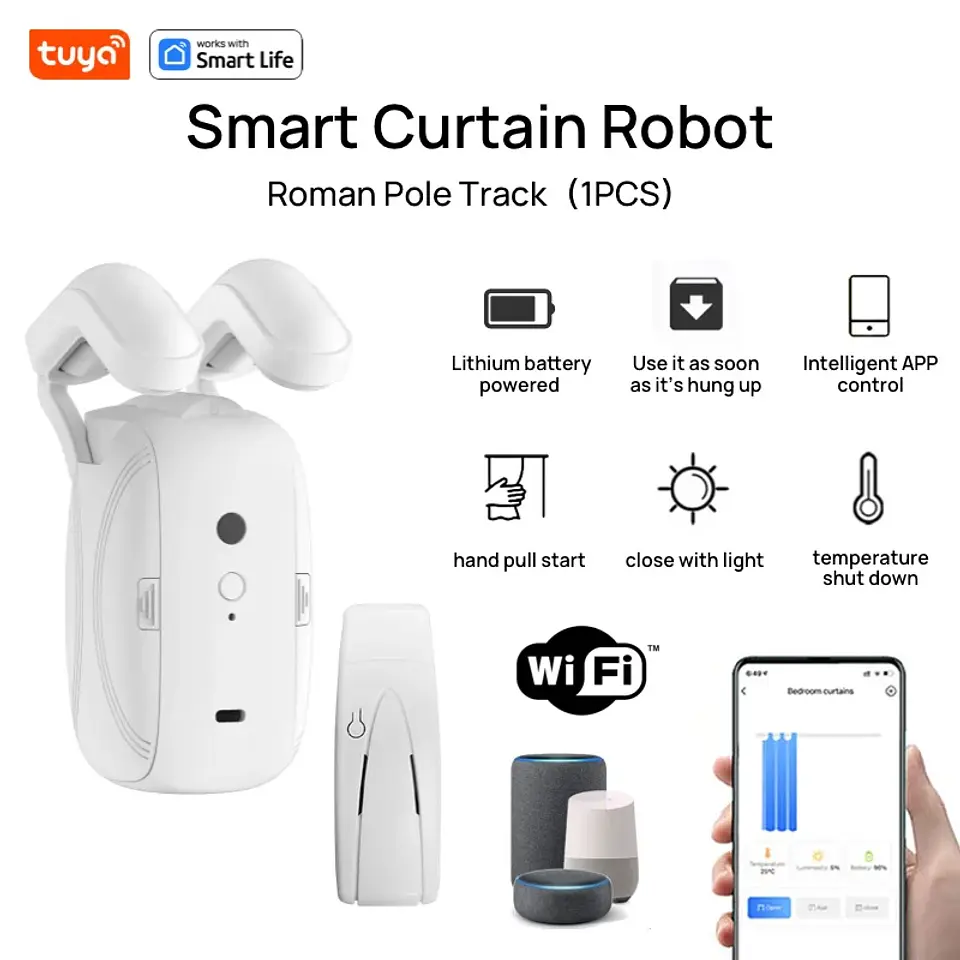 Robot de cortina Wifi inteligente Tuya (con puerta de enlace), pista de varilla romana, Control de aplicación remota, Control de voz, apertura única/doble, 1o 2 Uds. 2