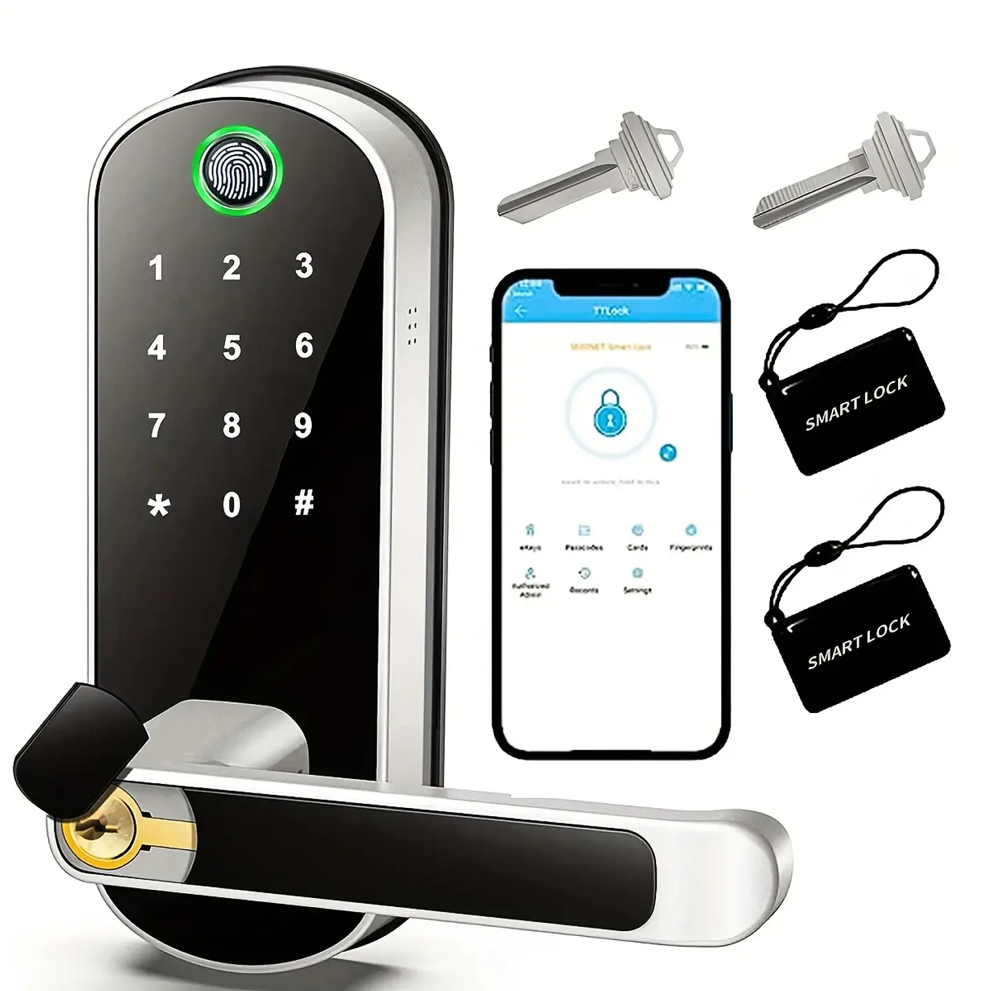 Cerradura inteligente con huella dactilar, control remoto mediante aplicación, sin llave, WIFI, pantalla táctil digital, NFC, IP67, resistente al agua, con 2 tarjetas IC. 1