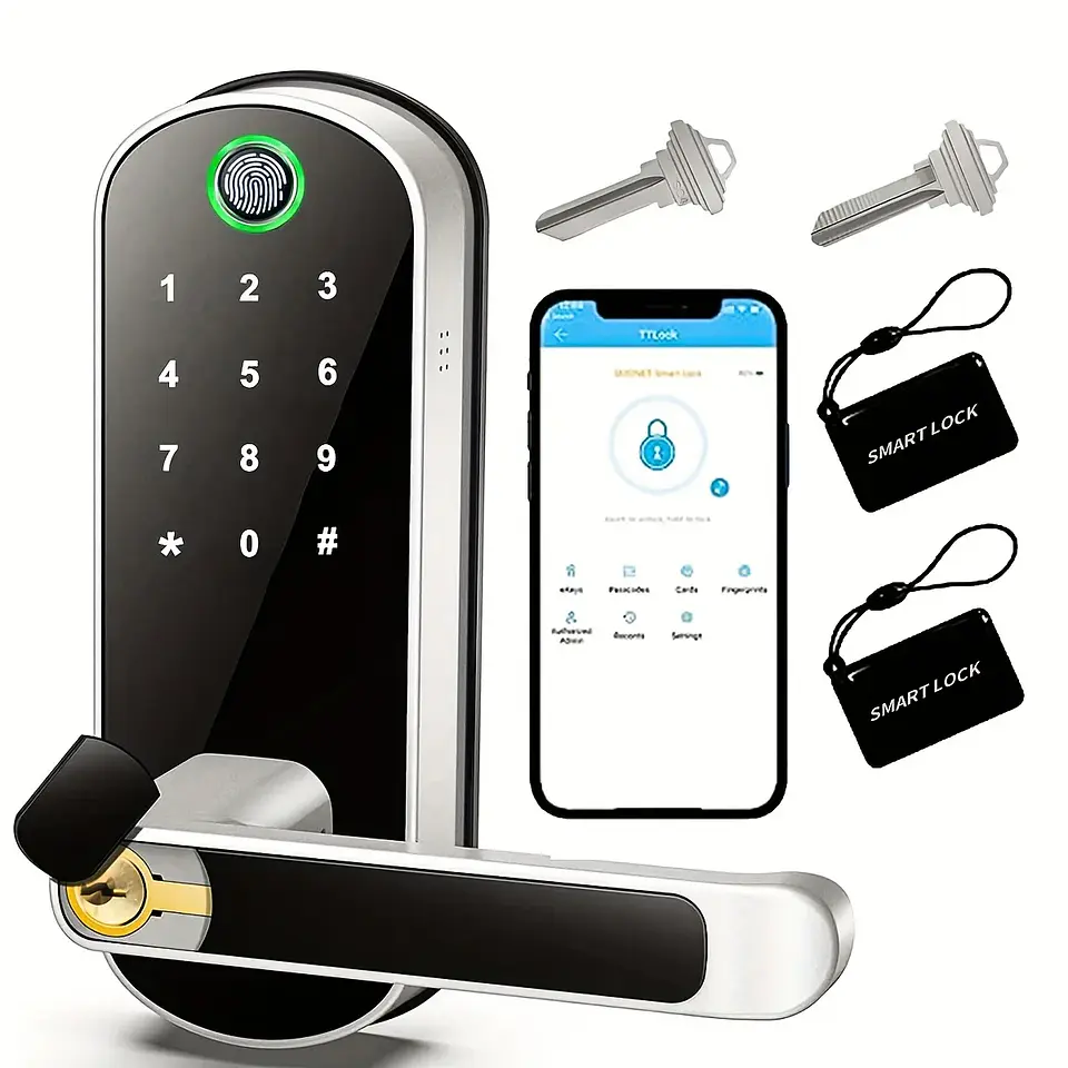 Cerradura inteligente con huella dactilar, control remoto mediante aplicación, sin llave, WIFI, pantalla táctil digital, NFC, IP67, resistente al agua, con 2 tarjetas IC. 1