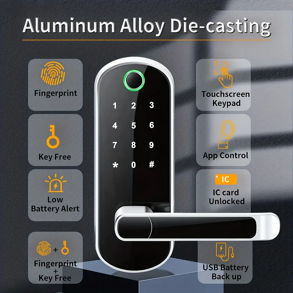Cerradura inteligente con huella dactilar, control remoto mediante aplicación, sin llave, WIFI, pantalla táctil digital, NFC, IP67, resistente al agua, con 2 tarjetas IC. 4