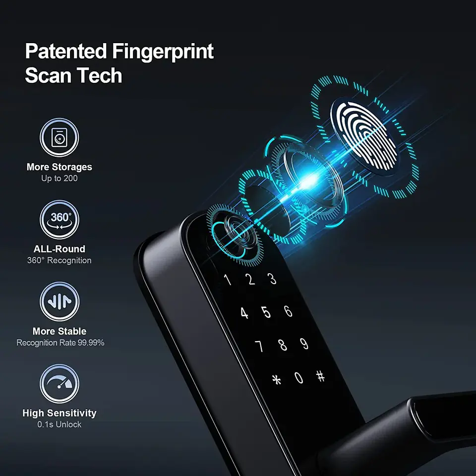 Cerradura inteligente con huella dactilar, control remoto mediante aplicación, sin llave, WIFI, pantalla táctil digital, NFC, IP67, resistente al agua, con 2 tarjetas IC. 11