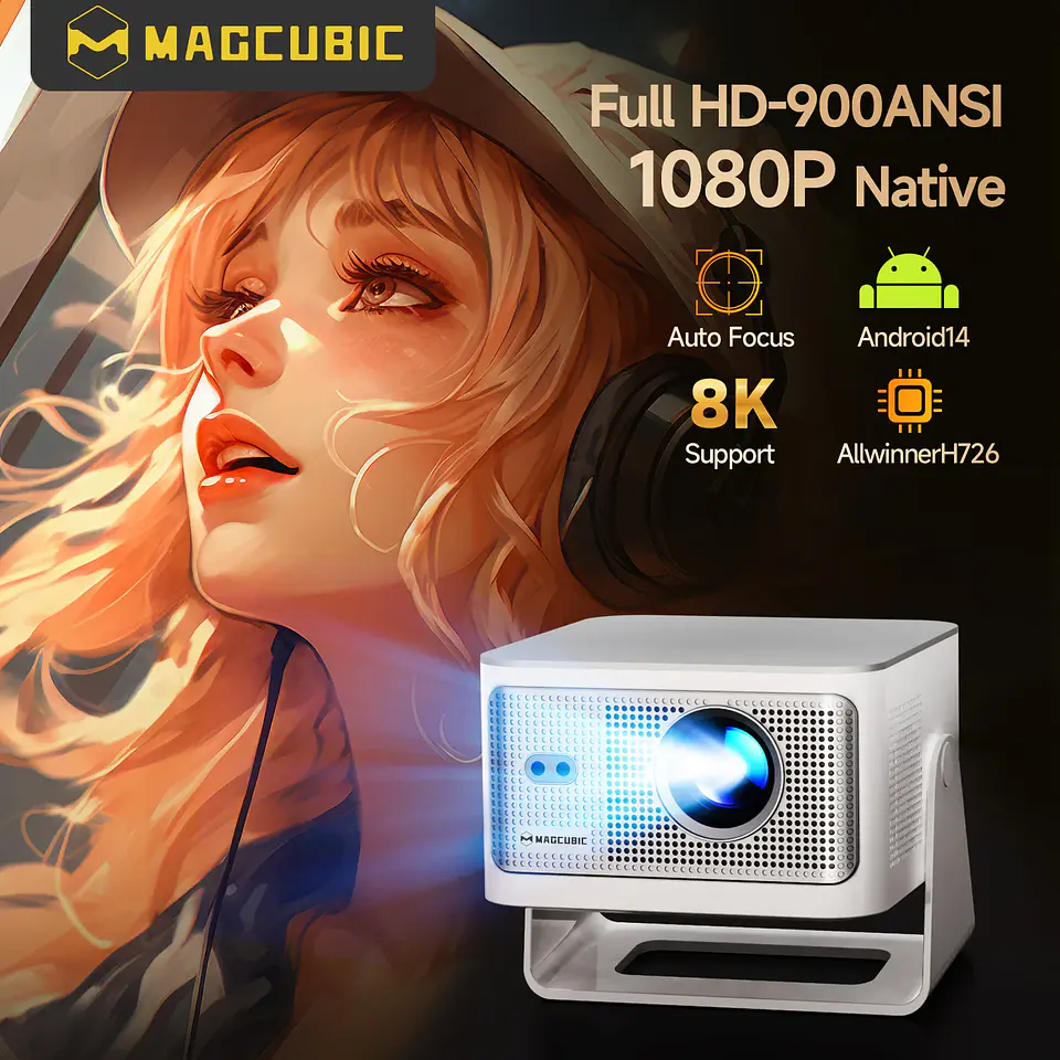 Proyector portátil para exteriores Magcubic HY350Max (Android 14, enfoque automático, 4K/8K, 900 ANSI, resolución nativa 1080P, chip Allwinner H726, 16 GB, WiFi 6, BT 5.4) 1