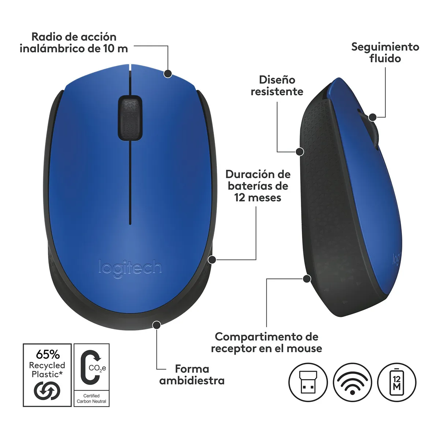 Mouse Inalámbrico Logitech M170 3 Botones USB Color Azul Ambidiestro 4