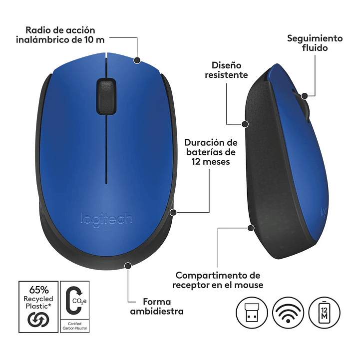 Mouse Inalámbrico Logitech M170 3 Botones USB Color Azul Ambidiestro 4