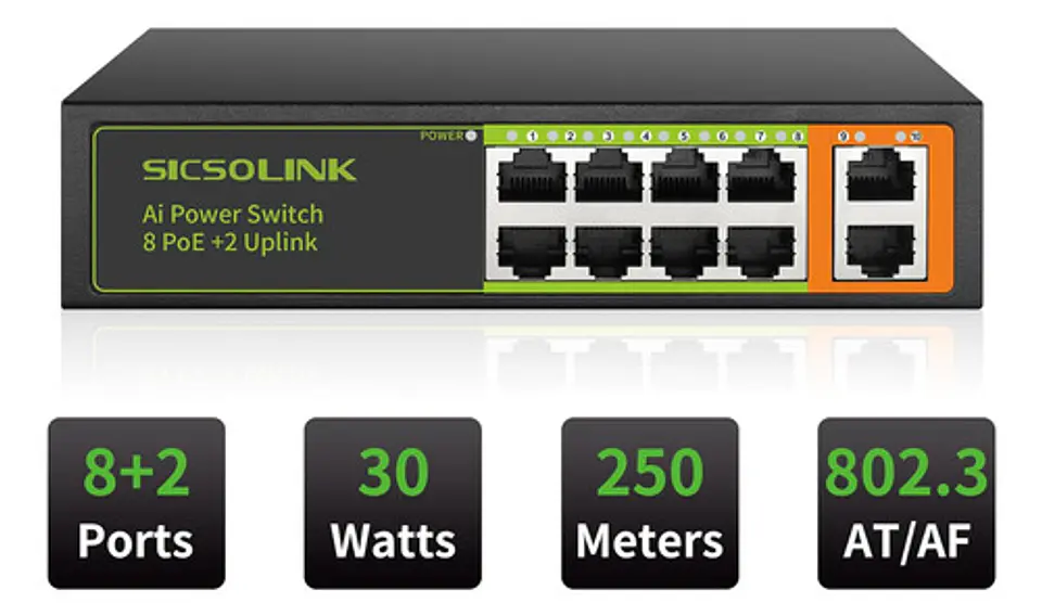 Switch 10 Puertos 8 Poe+ Uplink 802.3af/at 120w 3