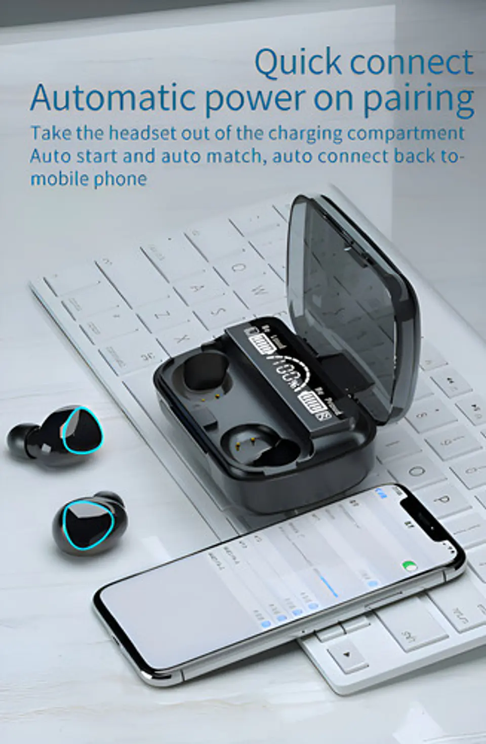 Audífonos Inalámbricos Bluetooth V5.1 M10 Powerbank 2000 Color Negro Color De La Luz Blanco 3