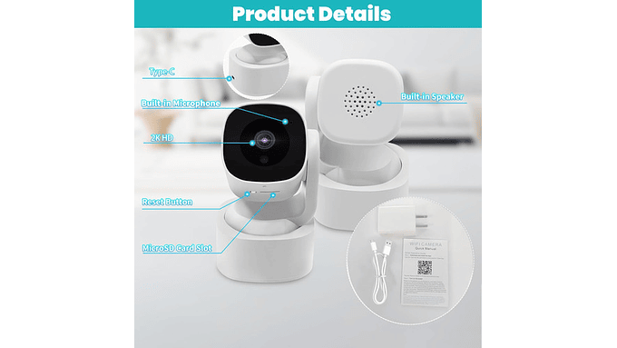 Cámara Wifi Interior 2k Hd Visión Nocturna Bidireccional 3