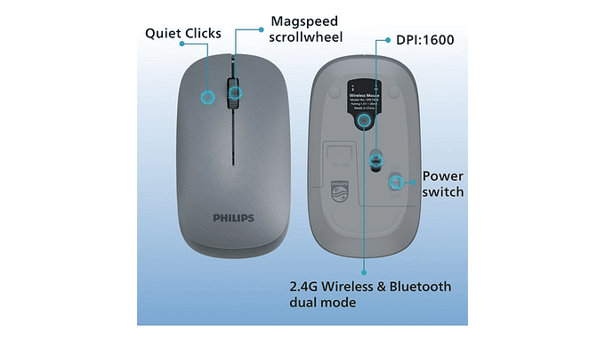 Mouse Bluetooth E Inalambrico Philips 1600 Dpi, 3 Botones Gris 5