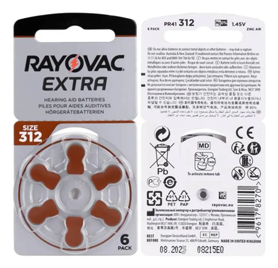 Pack 6 Pilas Rayovac 312 Batería 1,4v Audífono 1