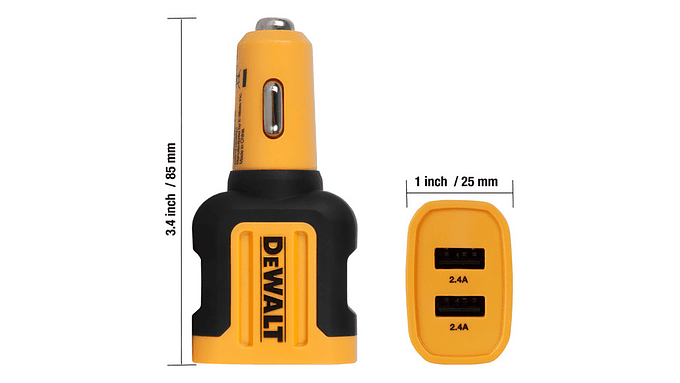 Cargador Auto 12v Dewalt Usb-a 24w  Carga Rápida 2 Usb 2
