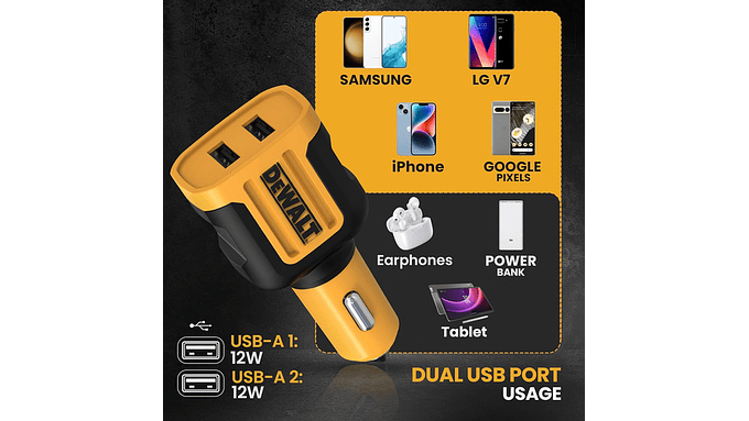 Cargador Auto 12v Dewalt Usb-a 24w  Carga Rápida 2 Usb 4