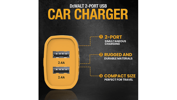 Cargador Auto 12v Dewalt Usb-a 24w  Carga Rápida 2 Usb 7