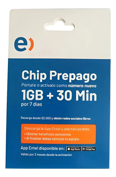 Chip Prepago Entel 1gb + 30 Minutos E Sim