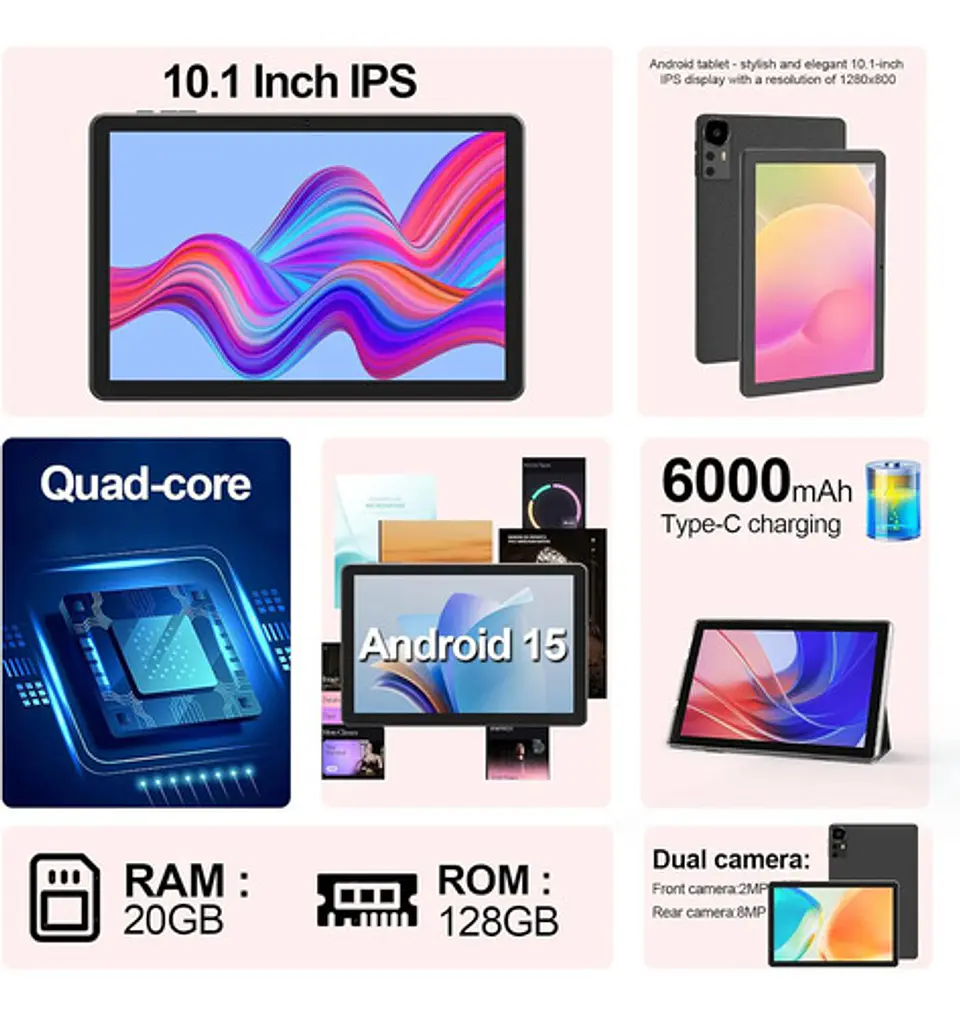 Tablet 10.1 Ips Hd Android 15 20gb Ram (4+16) 128gb 6000mah 3
