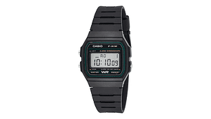 Reloj De Pulsera Casio Collection F-91w-3dg De Cuerpo Color Negro, Digital, Para Hombre, Fondo Gris, Con Correa De Resina Color Negro, Dial Negro, Bisel Color Verde Y Hebilla Sim